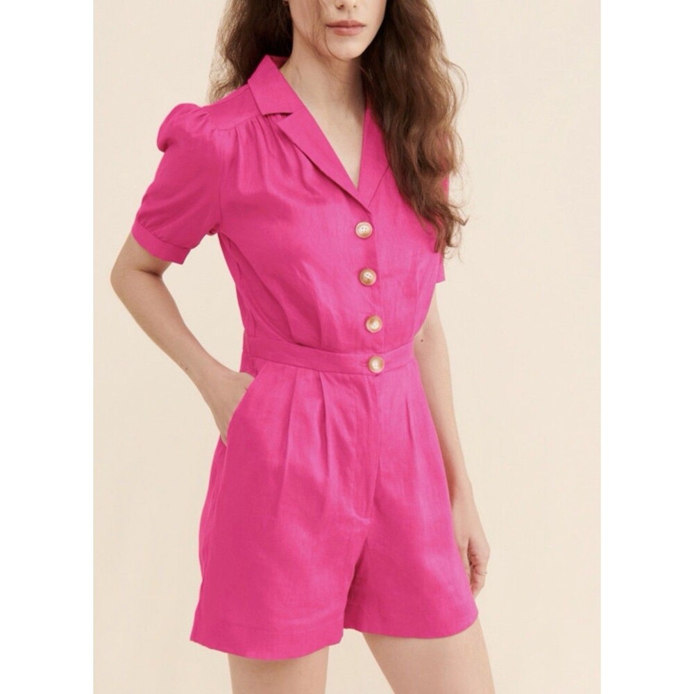Anthropologie Greylin Romper Magenta Sarai Linen Vacay Preppy Retro Boho Size XS